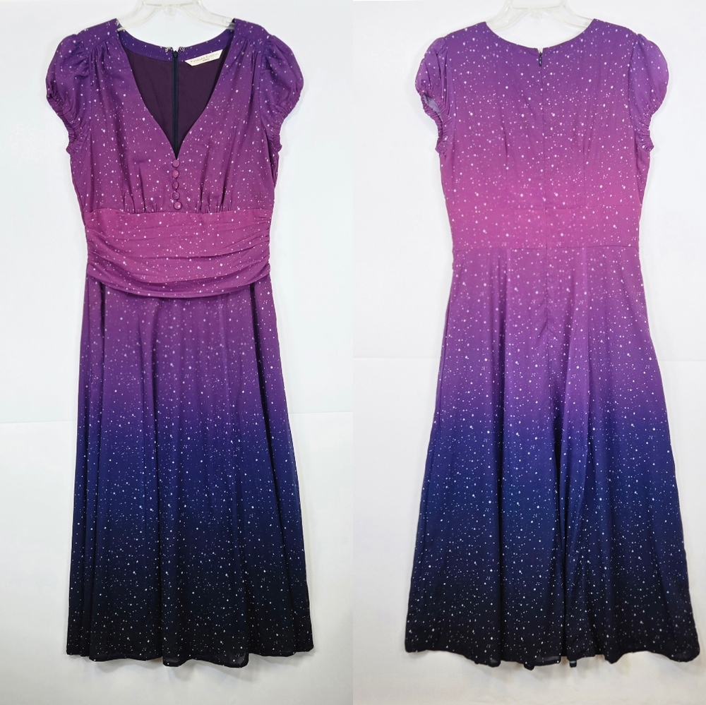 Wayward Fancies Purple Ombre Star Print V Neck Dress sz M